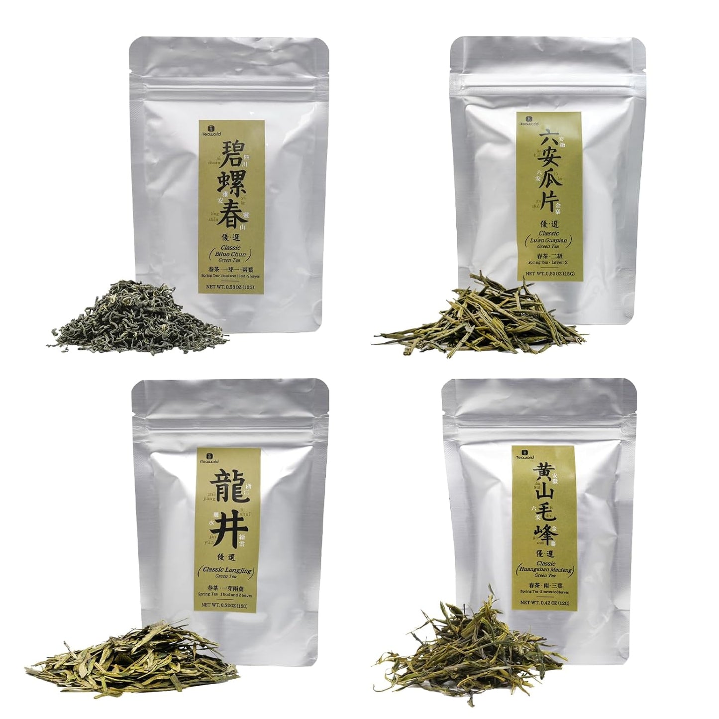 iTeaworld 4 Flavors Tea Samplers of Chinese Green Teas for Beginners,2025 New Tea Chinese Loose Leaf Tea, Included Longjing, Biluochun, Lu'an Guapian & Huangshan Maofeng(2.01oz)