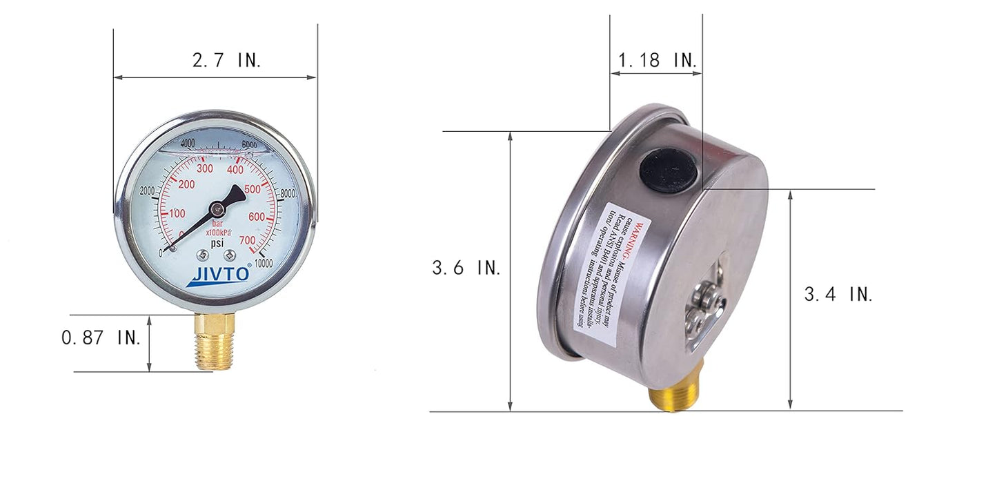 Pressure Gauge,Glycerin Liquid Filled,2.5" Dual Scale Dia,0-10000 psi/bar/kpa,1/4" NPT Male Brass Connection,Lower Mount, Stainless Steel Case,for Pneumatic,Pump,Hose,Well Tank,Gas Air Water Oil