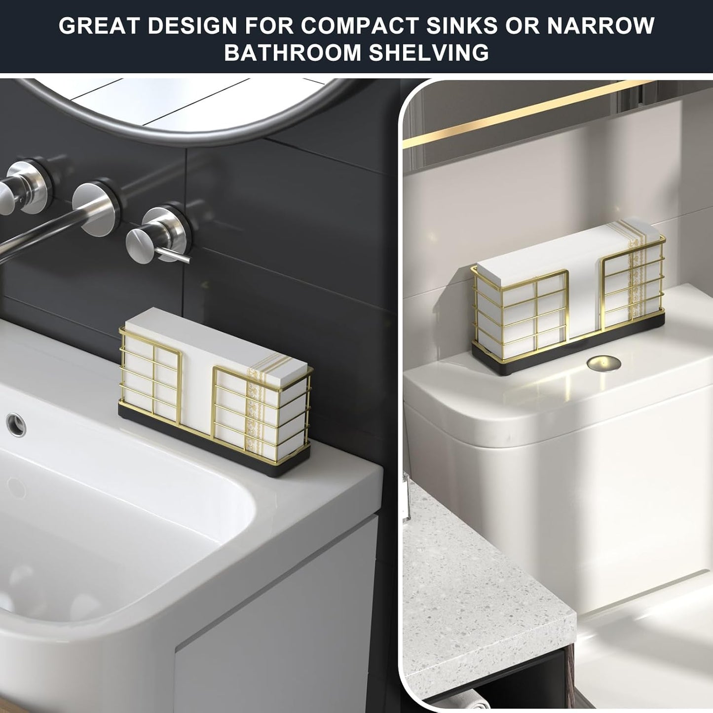 Wican Vertical Stance Bathroom Napkin Holder Takes Up Less Space for Small Guest Bathroom Oak and Iron Towel Tray for Powder Room Wooden Basket for Disposable Paper Hand Towels Golden and Black