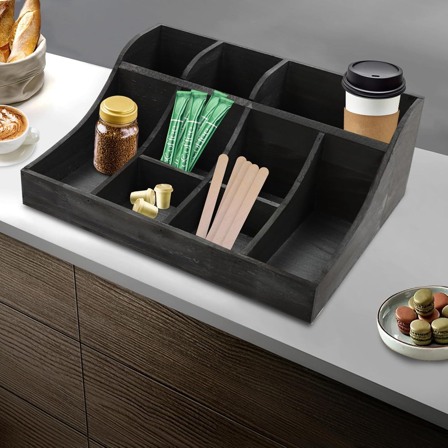 Coffee Bar Organizer for Countertop, Wooden Condiment Organizer Coffee Station Organizer Coffee Cup Syrup Pod Holder, Coffee Bar Organizer for Home Office Cafe, 9 Compartment, Black