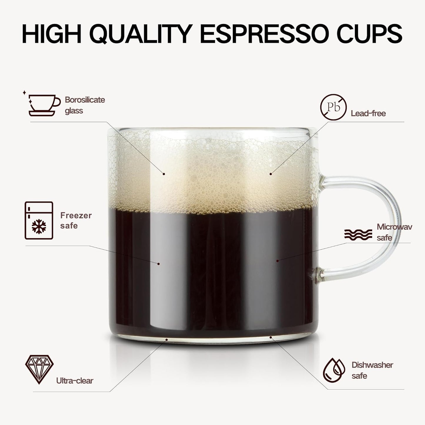 4-Pack 4oz Espresso Cups Espresso Shot Glasses with Handle, Small Glass Coffee Cups, Espresso Mugs Demitasse Cups Cappuccino Cup for Hot or Cold Latte, Tea, Microwave Dishwasher Safe