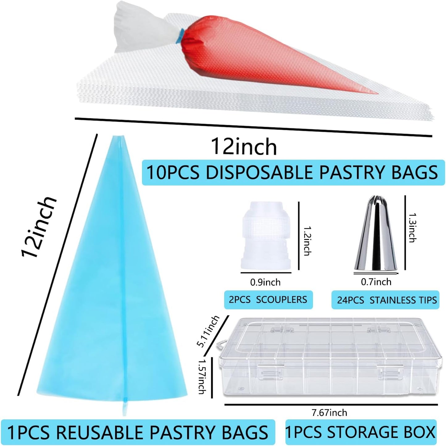 40PCS Piping Bags and Tips Set 12 Inch Pastry Bags Cakes Decorating Kit Supplies, 10 Icing Bags Disposable with 1 Reusable Piping Bags, 24 Frosting Tips, 2 Couplers, 1 Storage Box