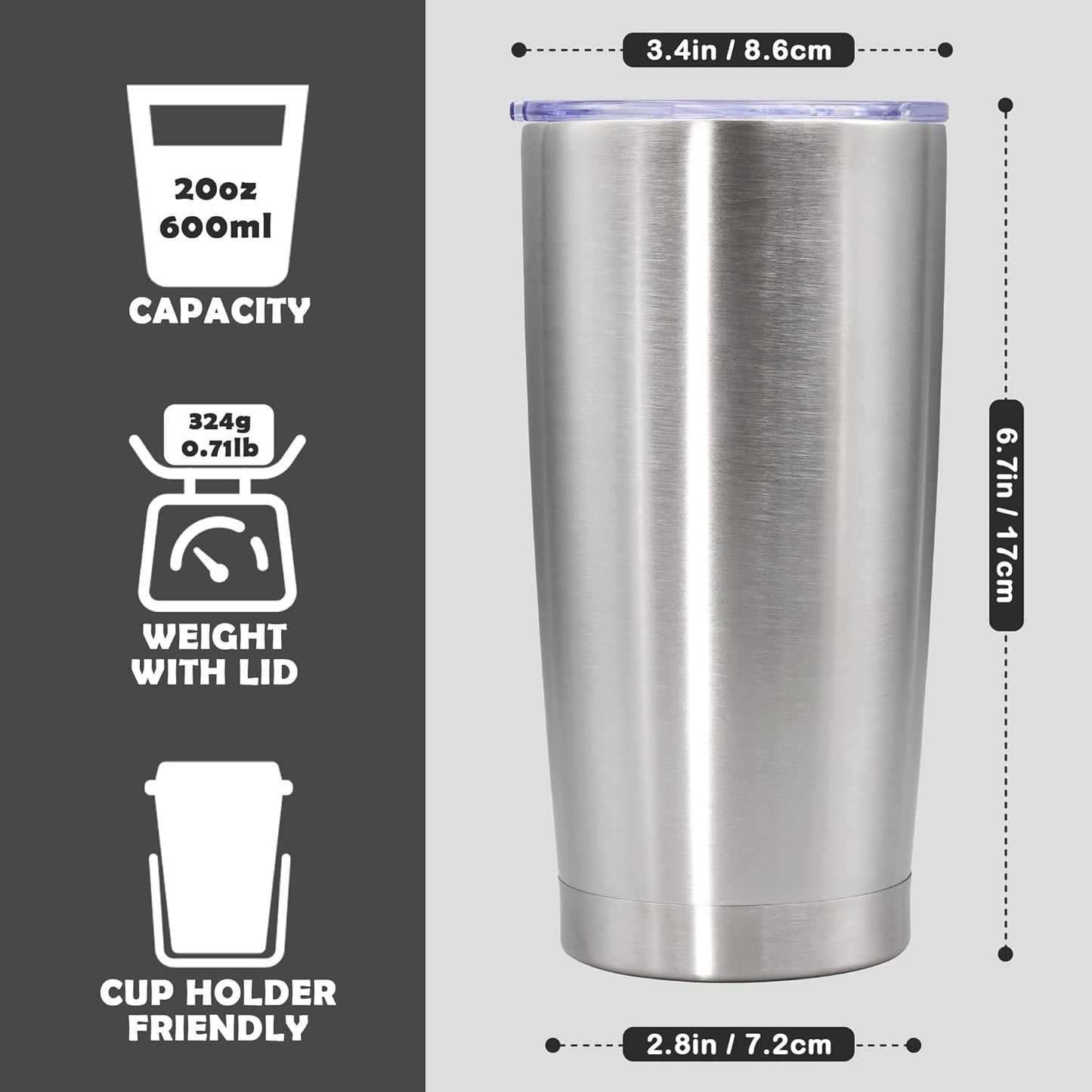 20oz Tumbler Stainless Steel Tumbler Cup with Lid Vacuum Insulated Double Wall Travel Mug, Durable Powder Coated Travel Coffee Tumbler Mug for Hot & Cold Drinks, Stainless Steel,1 Pack