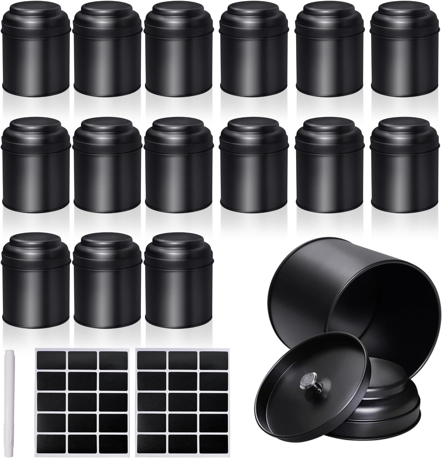 15 Pieces Tea Canisters 8 oz Round Tin Can Containers with Sealed Double Lids for Loose Leaf Tea,Coffee, Sugar, Candy, Spices Storage(Black)