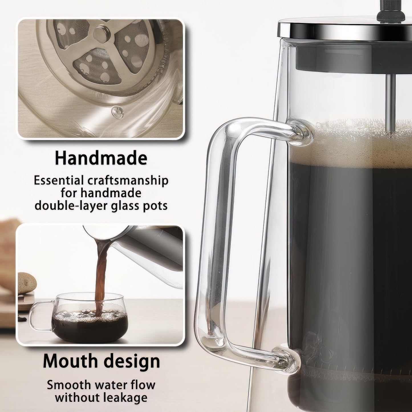 French Press Coffee Maker 34Oz - Double-Wall Insulated Borosilicate Glass - Ergonomic Handle - Coffee Gift - Tea & Coffee Press