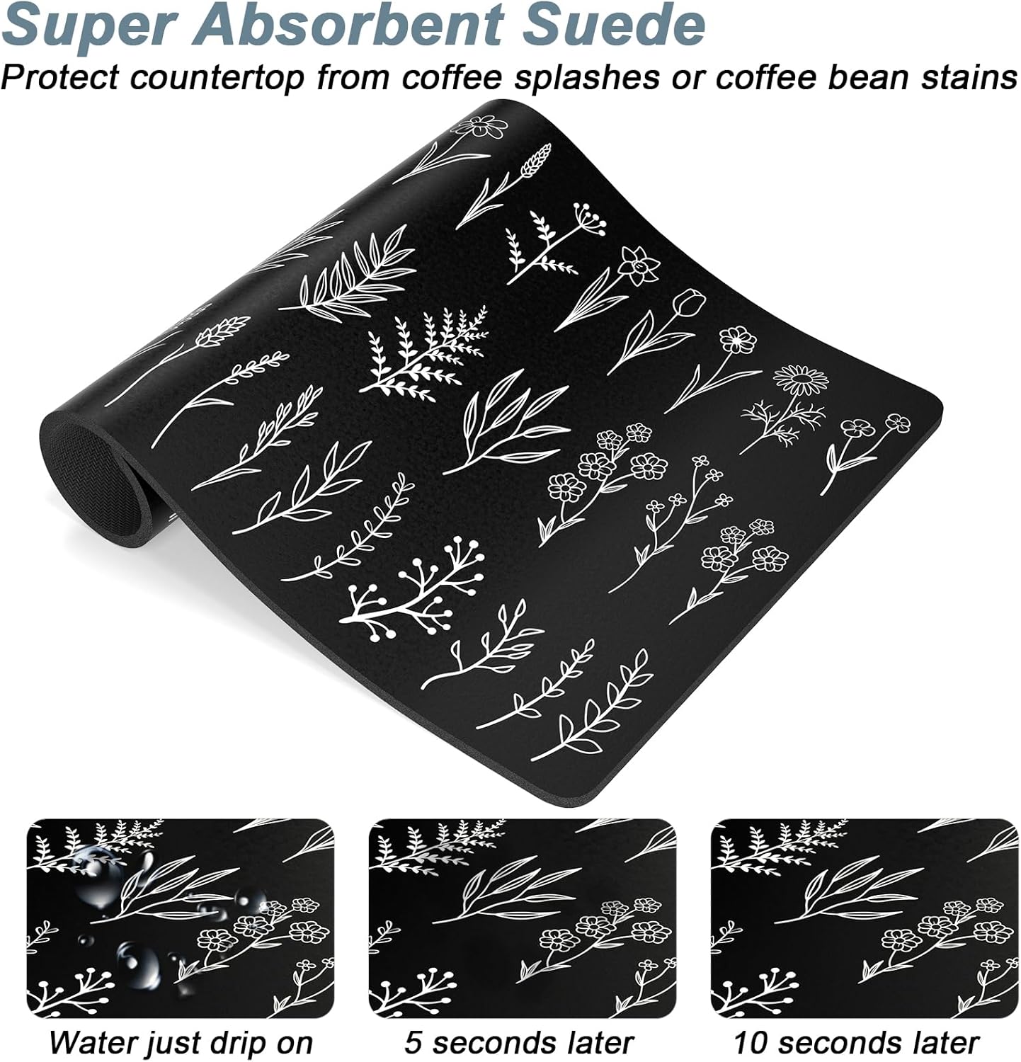 Rnivvi Coffee Mat, 12" x 19" Cute Coffee Bar Mats for Espresso Machine Station Accessories and Organizer, Hide Stain Rubber Backed Absorbent Dish Drying Pad for Kitchen Counter, Black White Leaves