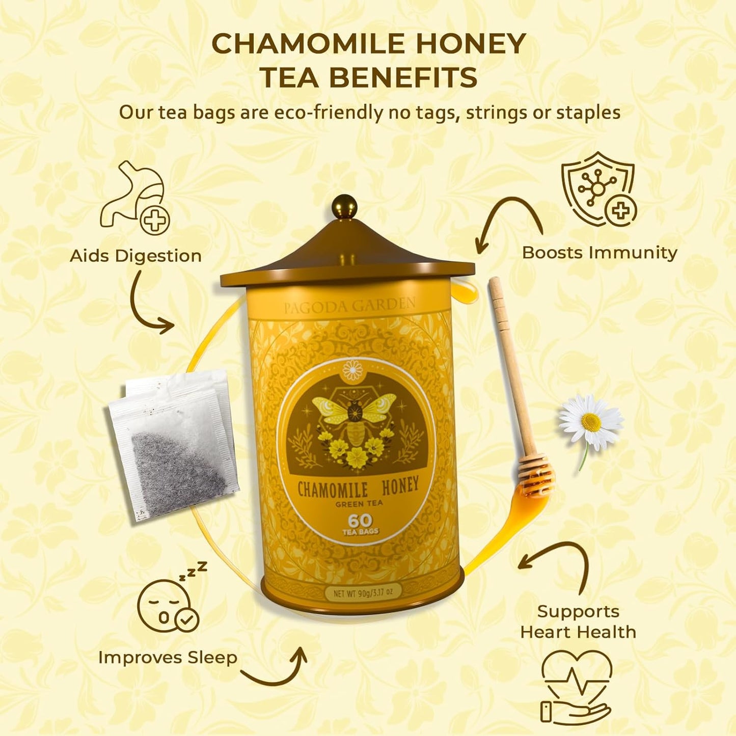 Life Plus Style Gourmet Pagoda Garden Chamomile Honey Green Tea Organic Herbal Green Caffeinated Hot or Iced Natural Sweet Honey Sleep Relax Antioxidants Wellness Support 60 Tea Bags