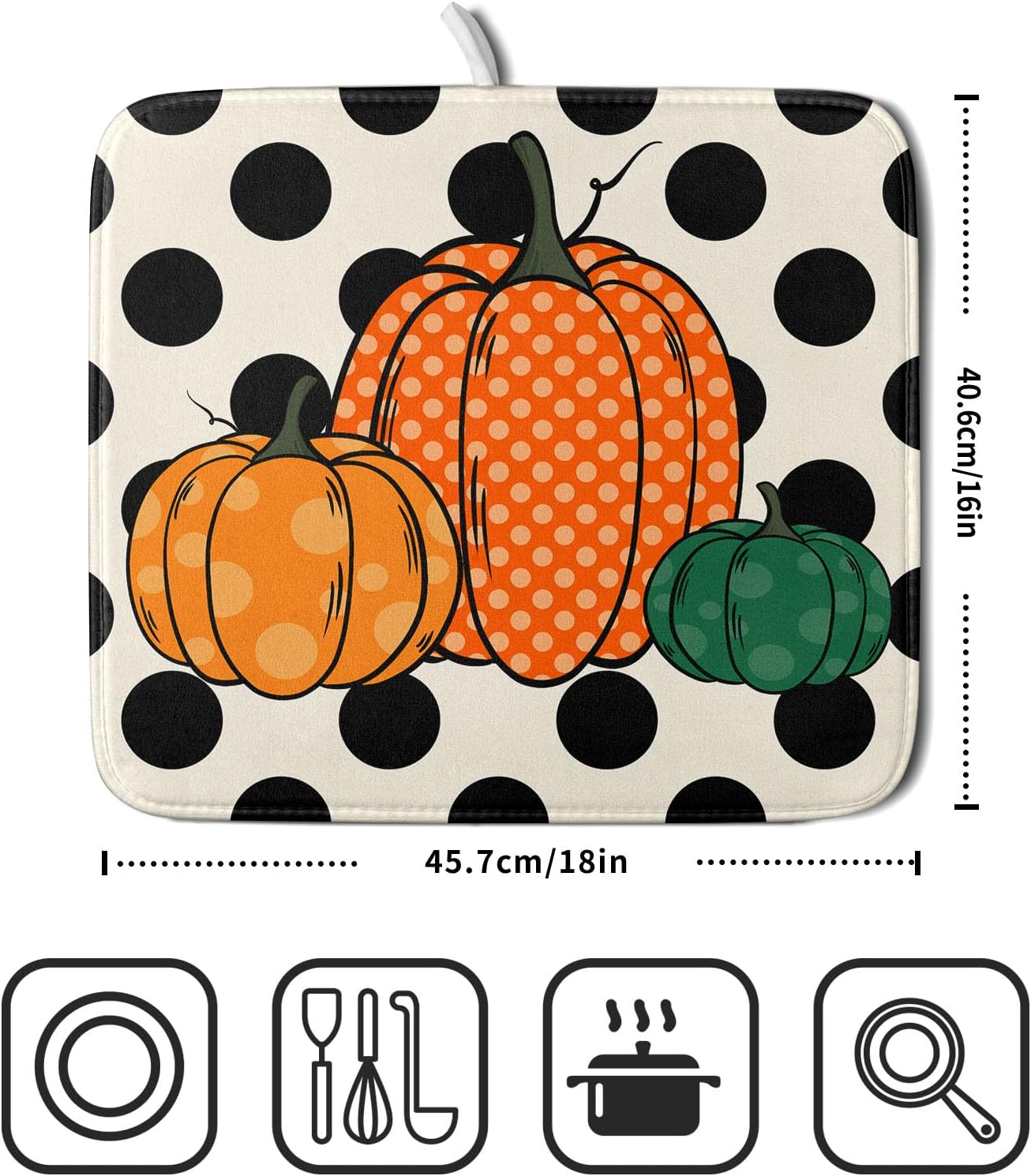 Autumn Pumpkin Dish Drying Mat for Kitchen Counter,Black Round Dot Decoration Drying Mat 16 x 18 Inch with Absorbent Reversible Microfiber Dish Drying Pad Dish Rack Drainer Mat for Coffee Bar