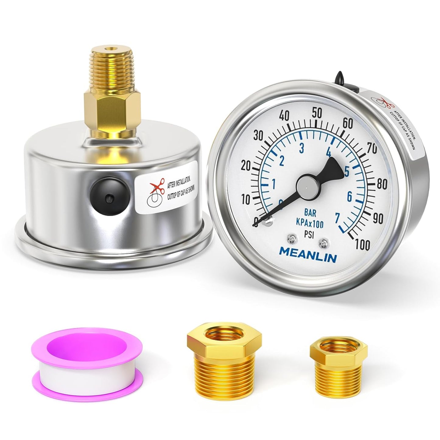 MEANLIN MEASURE 0~100Psi Dry Pressure Gauge Stainless Steel 1/4" NPT 2" FACE DIAL Waterproof for Well Pump Water Tire Water Pressure Tester Back Mount, with 1/2" NPT and 3/8" NPT Hex Bushing