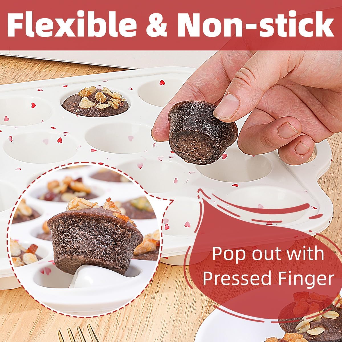 CAKETIME Mini Cupcake Pan, Metal Reinforced Frame Silicone Mini Muffin Pan Nonstick 24 Cups with Handle for Valentine's Day Baking Muffins, Cupcakes, Egg Bites 1 Pack