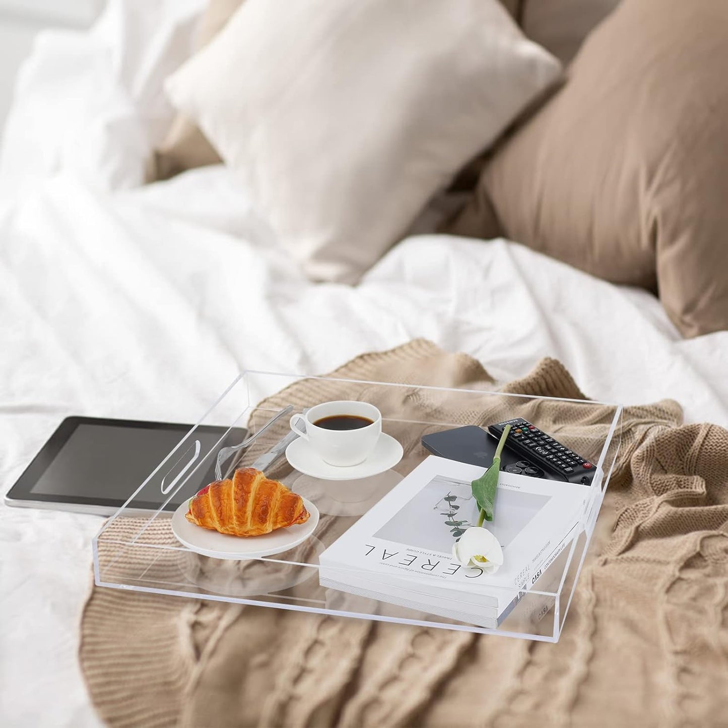 20×20 Inches Oversize Extra Large Sturdy Clear Acrylic Serving Tray King Size Decorative Big Ottoman Trays with Cut Out Handles Water Proof Bed Tray Coffee Counter Top Organizer