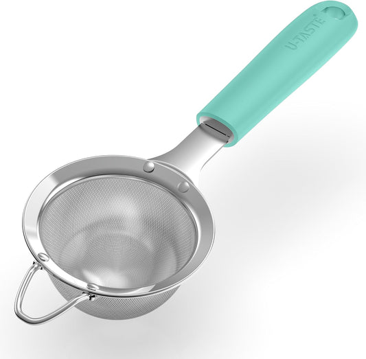 U-Taste Small Fine Mesh Strainer: 18/8 Stainless Steel 3.35in 30 Mesh Kitchen Food Sieve with Sturdy Riveted Silicone Handle, Heavy Duty Deep Handheld Metal Colander for Tea, Juice (Aqua Sky)