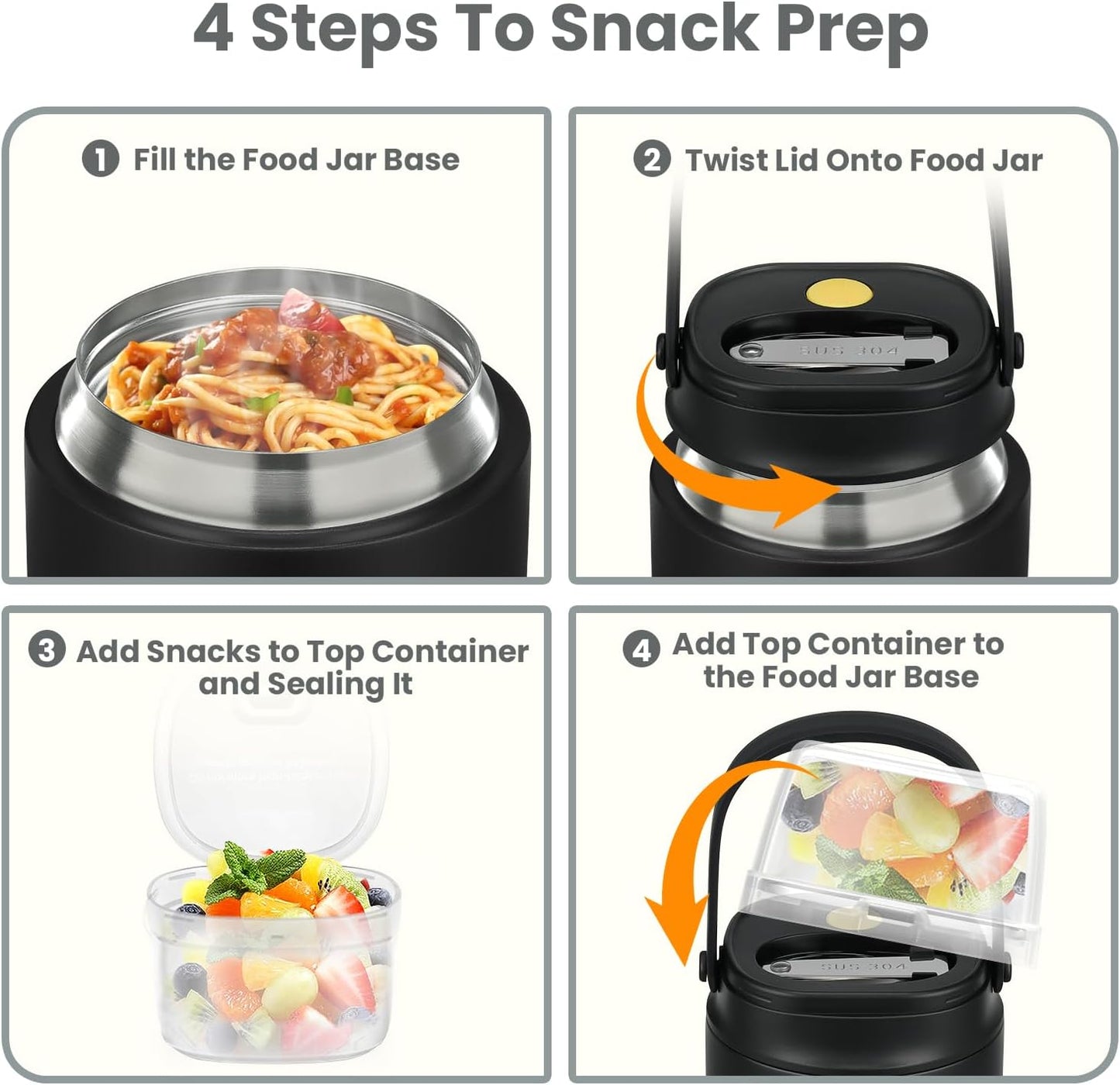 2-in-1 Insulated Food Jar & Snack Container - 15oz Kids Soup Thermos for Hot Food with Handle and Spoon, Leak Proof Reusable Toddler Snack Box, Perfect for School & Travel, Black