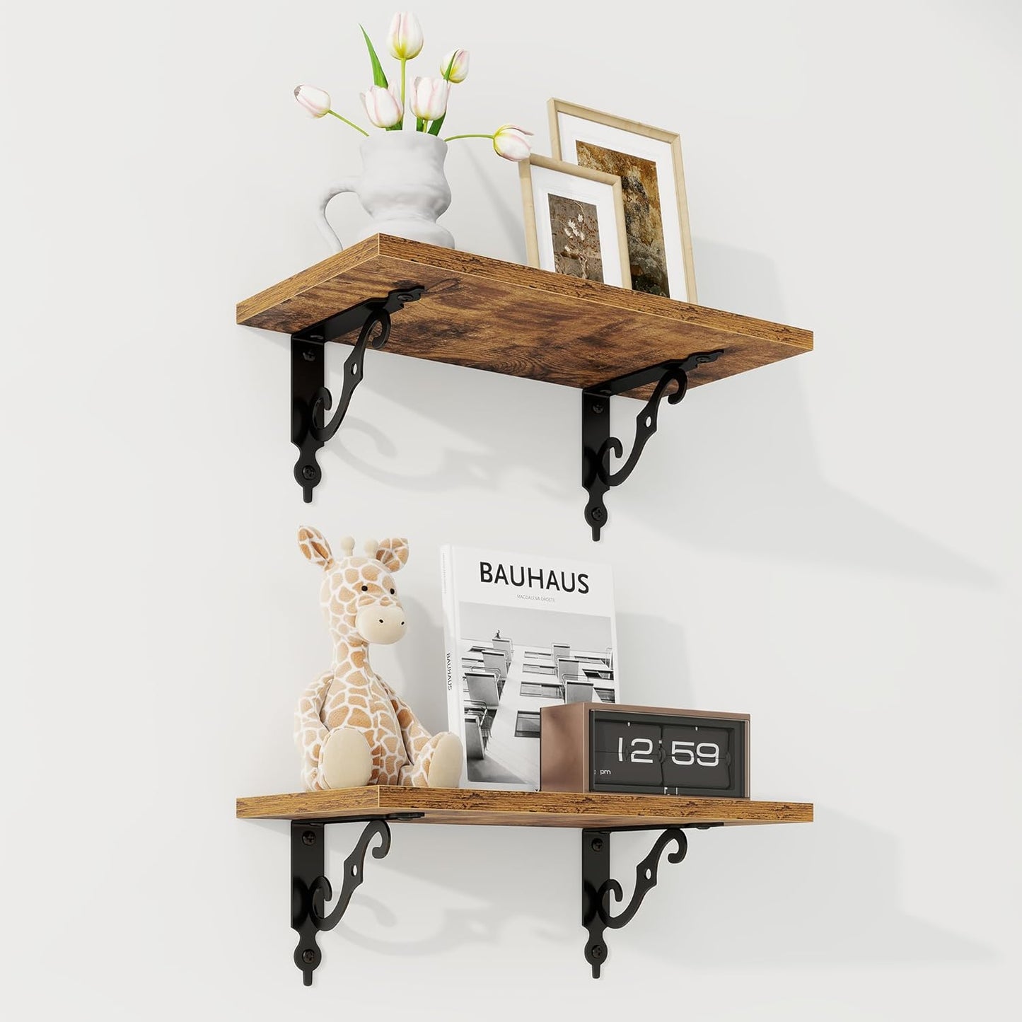 RICHFOCUS Floating Shelves for Wall Decor, 8 Inch Deep Floating Shelves Set of 2, 16W x 8D Shelves Wall Mounted with Metal Brackets, Wood Shelves for Living Room Bedroom Kitchen, Rustic Brown