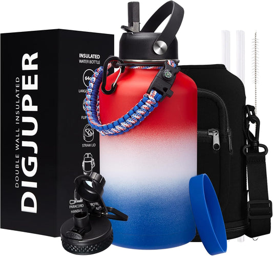 Half-Gallon Vacuum Water-Bottle with Sleeve, Paracord Handle, Straw & Spout Lid, 64oz Stainless Steel Insulated Water Jug, Cold-48h & Hot-24h Triple-Wall Metal Vacuum Flasks for Sports Hiking Camping