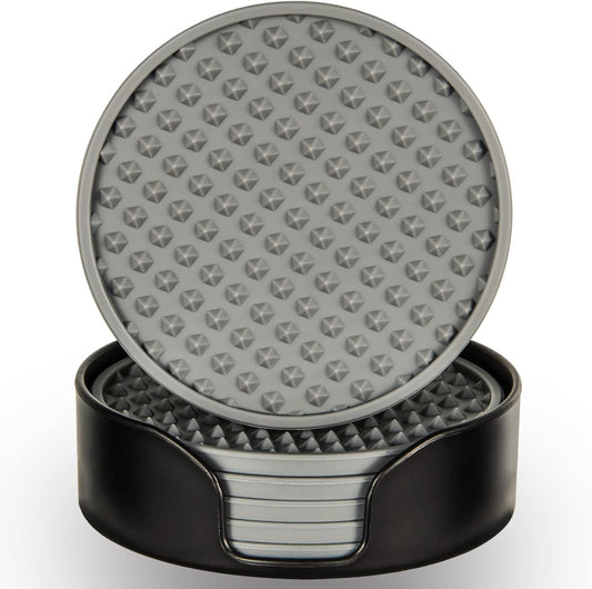 Coasters for Drinks 6 Pcs Drink Coaster with Holder,Heat Resistant Silicone Cup Mat Tabletop Protection,Non-Slip Rubber Coasters for Kinds of Cups (Grey)