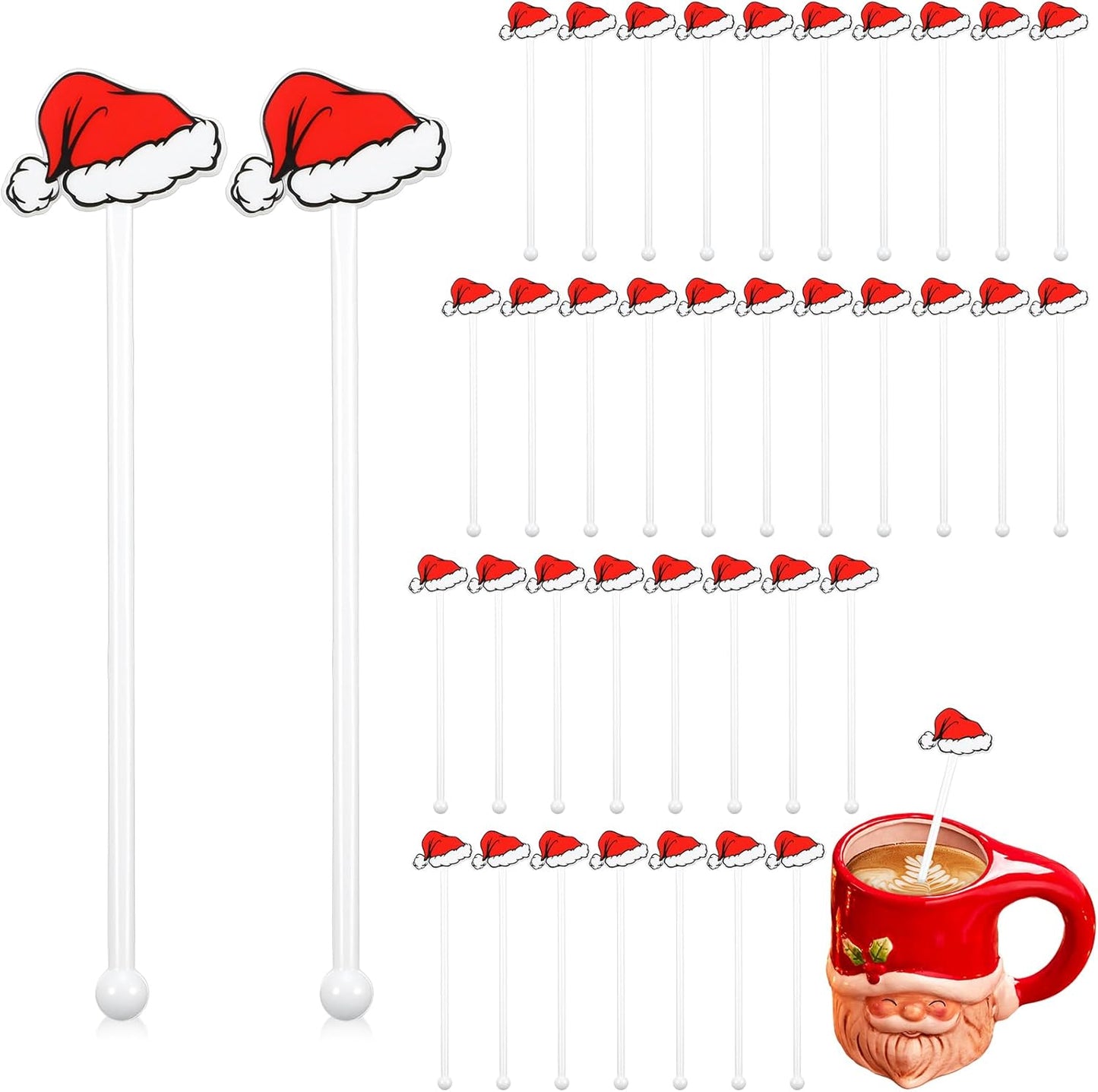 30 Pcs Christmas Drink Stirrers Xmas Stir Stick Holiday Coffee Swizzle Stick Reusable Plastic Hot Cocoa Bar Chocolate Decoration Cocktail Mixer(Santa Hat,Classic Color)
