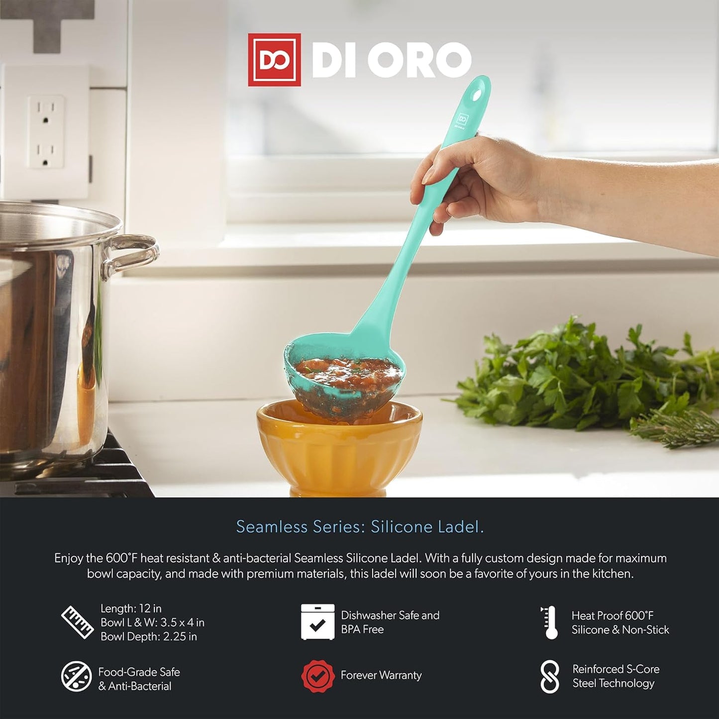 DI ORO Silicone Ladle – Soup Ladle for Cooking & Serving Heat-Resistant - Large Kitchen Soup Ladle Nonstick Cookware Safe - Soup Serving Spoon with Wide Bowl - Silicone Utensil Dishwasher Safe (Mint)