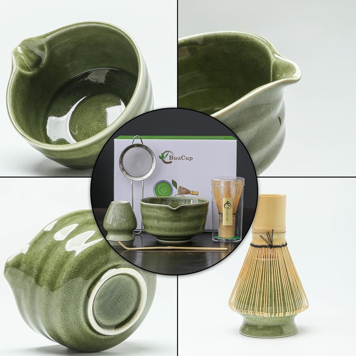 Matcha Whisk Set, Matcha Bowl with Spout, Matcha Whisk and Holder, Bamboo Matcha Scoop and Stainless Sifter - 5 Pcs Jade Green Matcha Kit for Matcha Lover