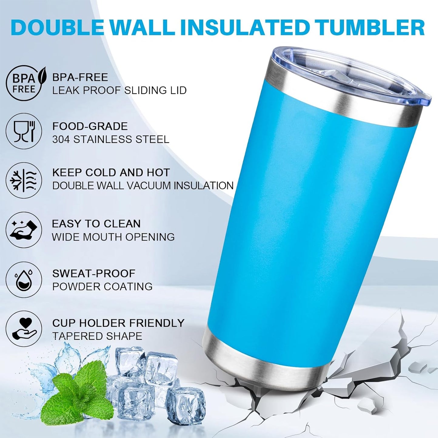 20oz Tumbler with Lid Double Wall Vacuum Insulated Travel Coffee Mug Stainless Steel Thermal Cup Powder Coated Sturdy Coffee Tumbler for Hot and Cold Beverage (Baby blue,1)