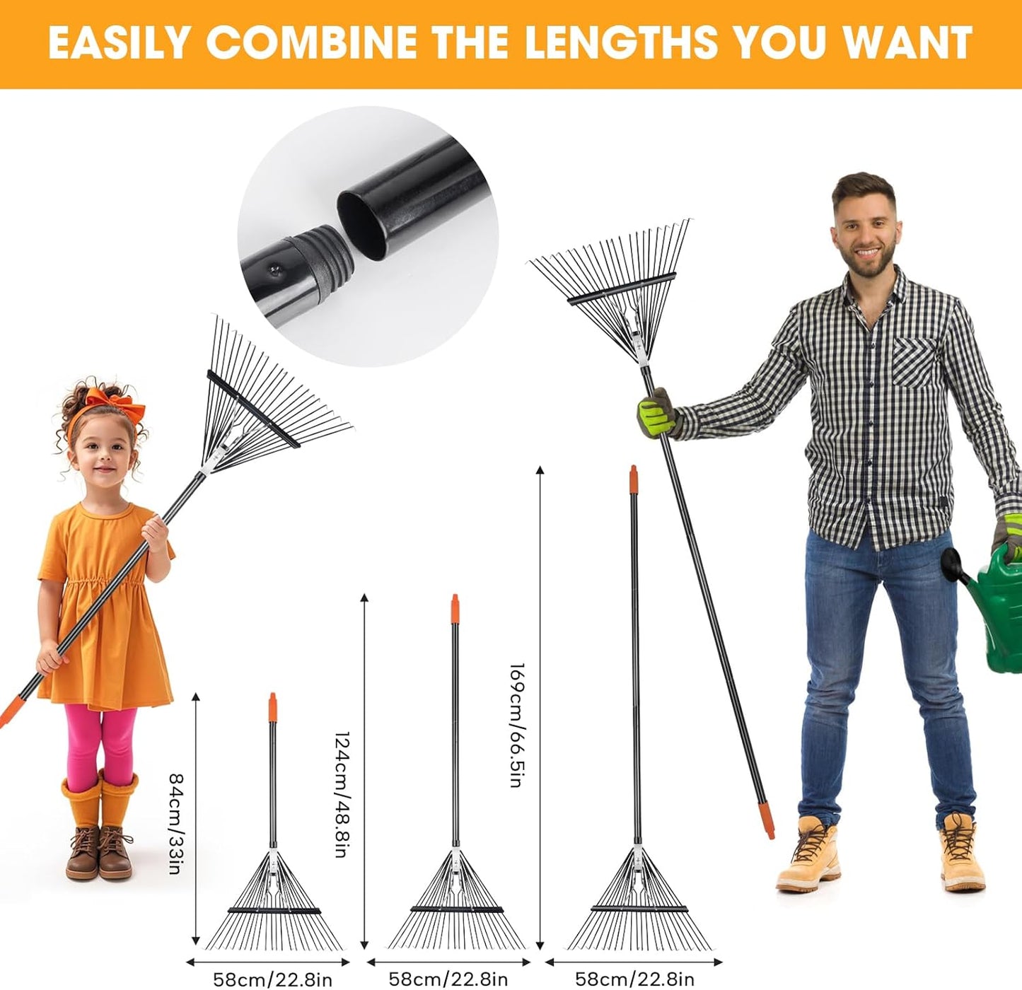 46 HRC Steel Gardening Leaf Rake, 22 Tines 22.8" Wide,Adjustable Split Long Handle 33-67",Suitable for Raking Leaves and Lawn Tidying,Garden rake and thatch rake Suitable for Adults