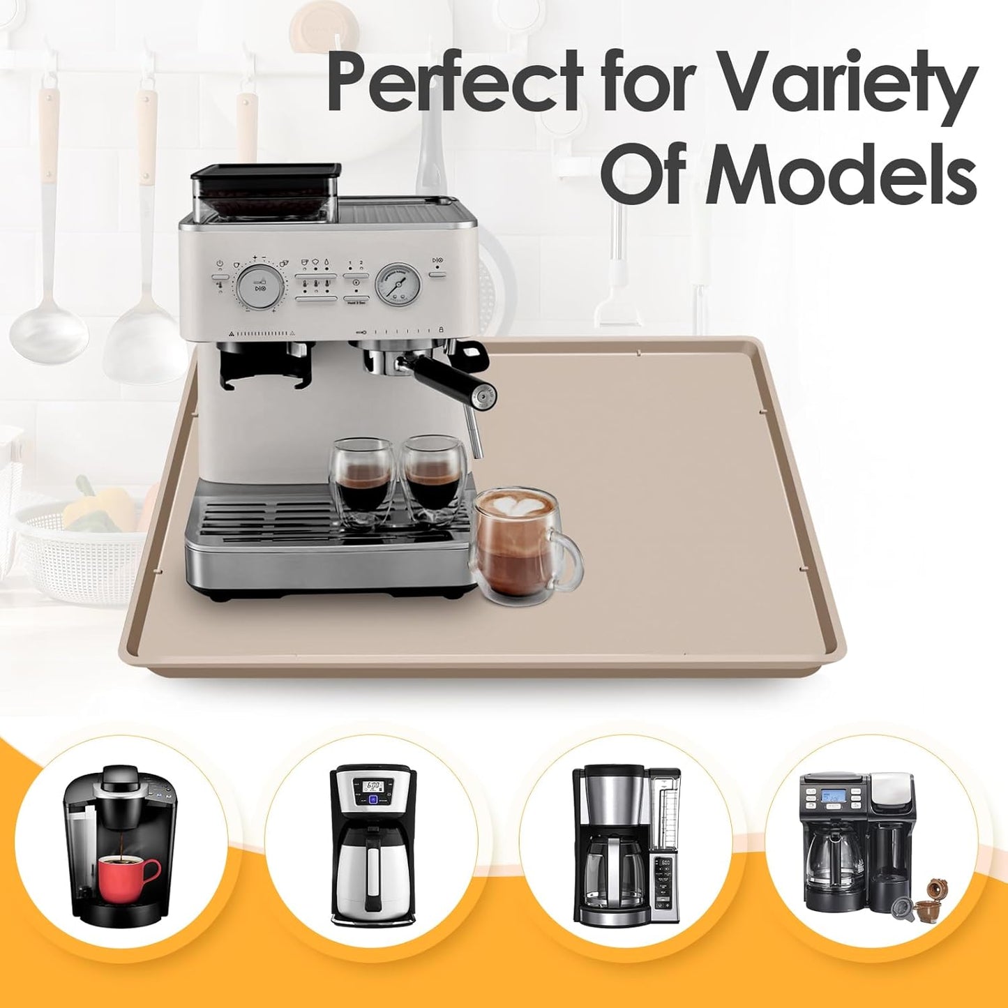 Silicone Coffee Maker Mat with Lip, 19.7'' x 15'' Heavy Duty Coffee Maker Mat for Countertops, Coffee Tray Fit Under Coffee Machine Appliance Automatic Machines Espresso Accessory, Khaki