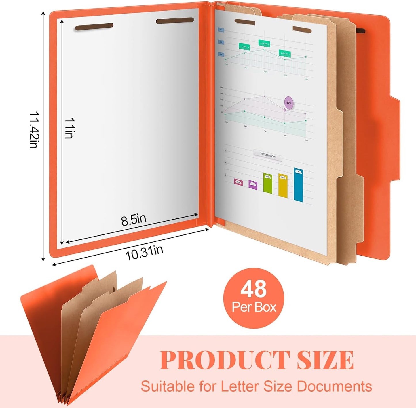 48 Pcs Classification Folders Letter Size, 2 Divider Pressboard File Folders with 3. 5 Inch Expansion, 2 Prongs Fastener, Heavy Duty Office File Organizers for Teachers, Medical (Orange)