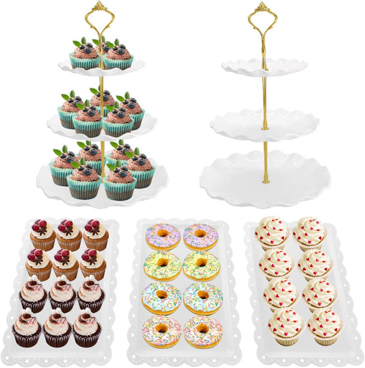 5 Pcs Dessert Table Display Set, White Plastic 2 Pcs Round 3 Tier Cupcake Stand Cup Cake Tower Stand with Metal Rod & 3 Pcs Serving Tray for Baby Shower, Tea Party, Wedding, Birthday Party