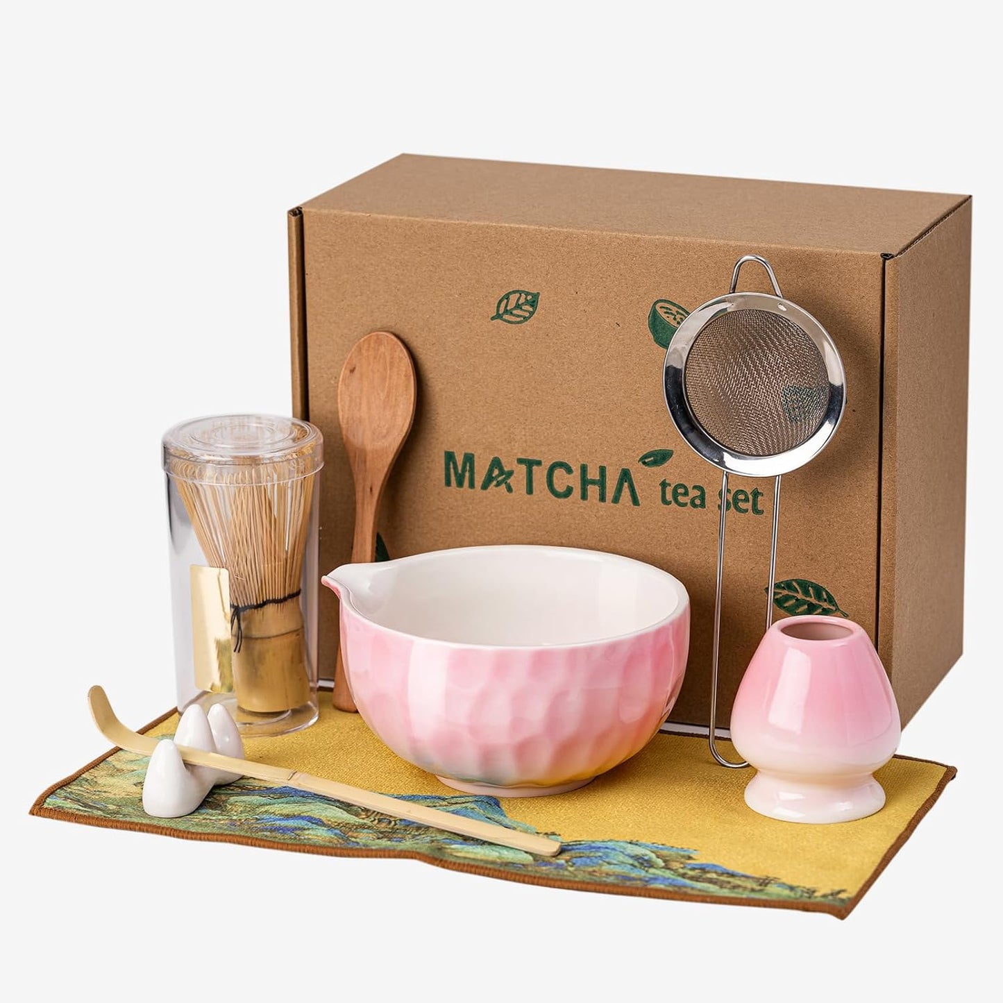 Japanese Matcha Whisk Set,Ceramic Matcha Set Includes Bowl with Spout, Matcha Sifter, Bamboo Whisk and Holder for Matchas Tea,2 Bamboo Scoop, Scoop Rest,Tea Towel - 8 Pcs Kit Gift for Matcha Lovers