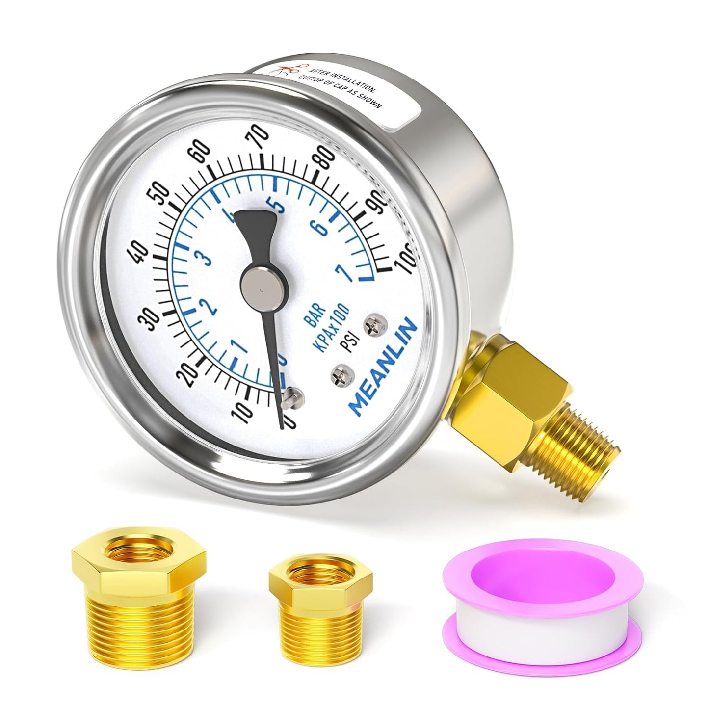 MEANLIN MEASURE 0~100Psi Dry Pressure Gauge Stainless Steel 1/8" NPT 2" FACE DIAL Waterproof for Well Pump Water Tire Water Pressure Tester Lower Mount with 1/4" NPT and 3/8" NPT Hex Bushing
