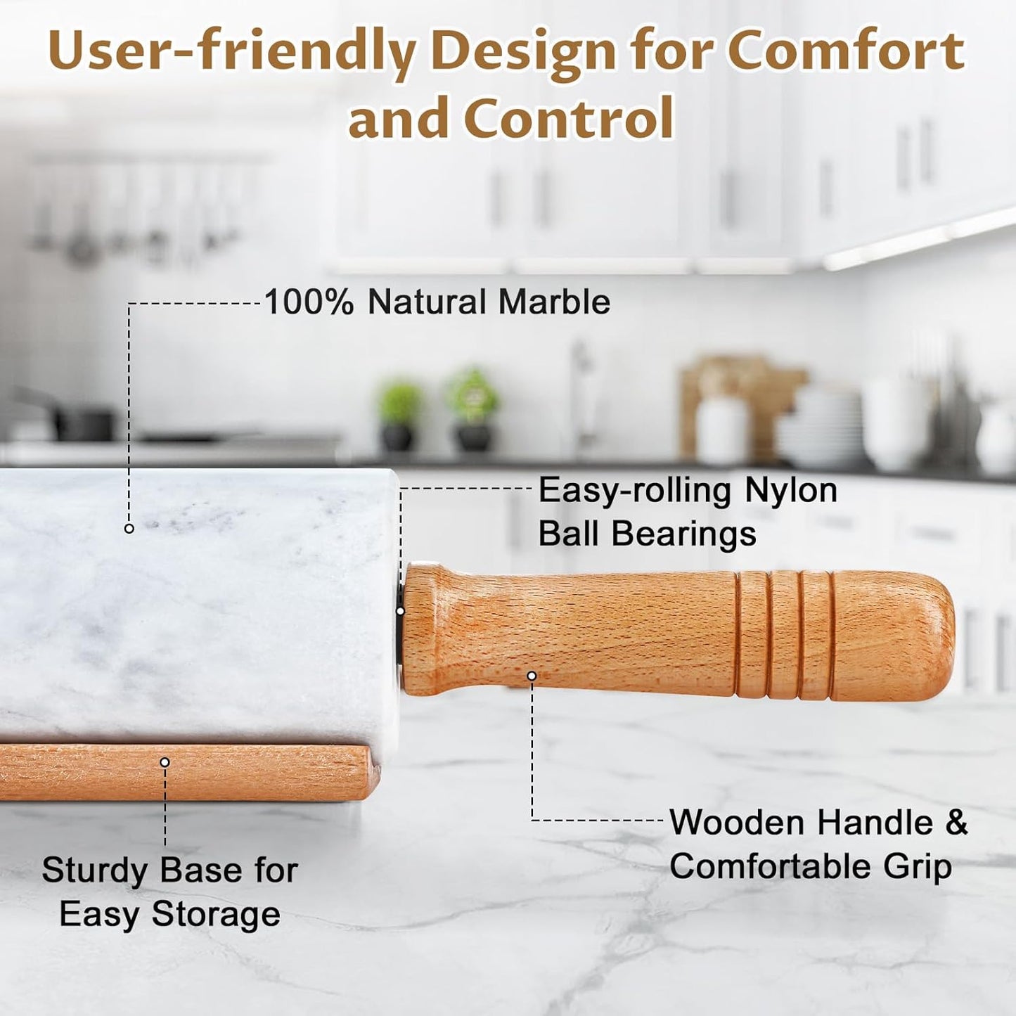 Marble Rolling Pin - 18.9" Marble Rolling Pins for Baking, Pastry, Pizza Dough & More - Polished Non-Stick Surface, Long Dough Roller with Wooden Handles & Base