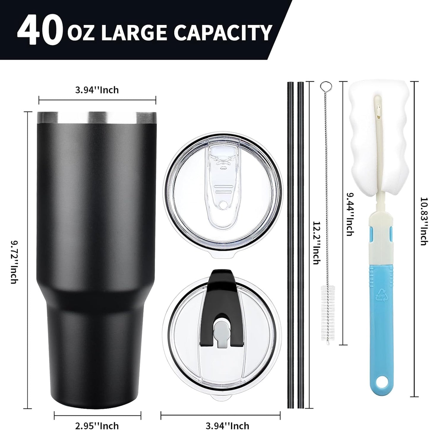 40 oz Tumbler with Lids and Straws, Stainless Steel Insulated Coffee Tumbler, Double Wall Vacuum Insulated Travel Mug Cup, Leakproof Thermal Coffee Cup for Hot and Cold Drinks (Black)