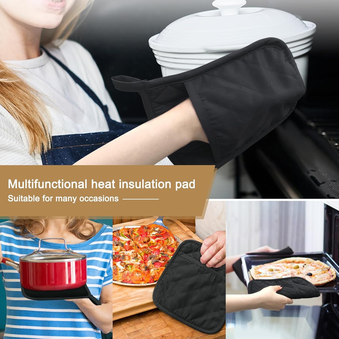 Cotton and Neoprene Oven Pads Pot Holders with Pocket 8"x8.5" Dual-Function Hot Pad Set for Finger Hand Wrist Protection Heat Resistant to 428°F Black