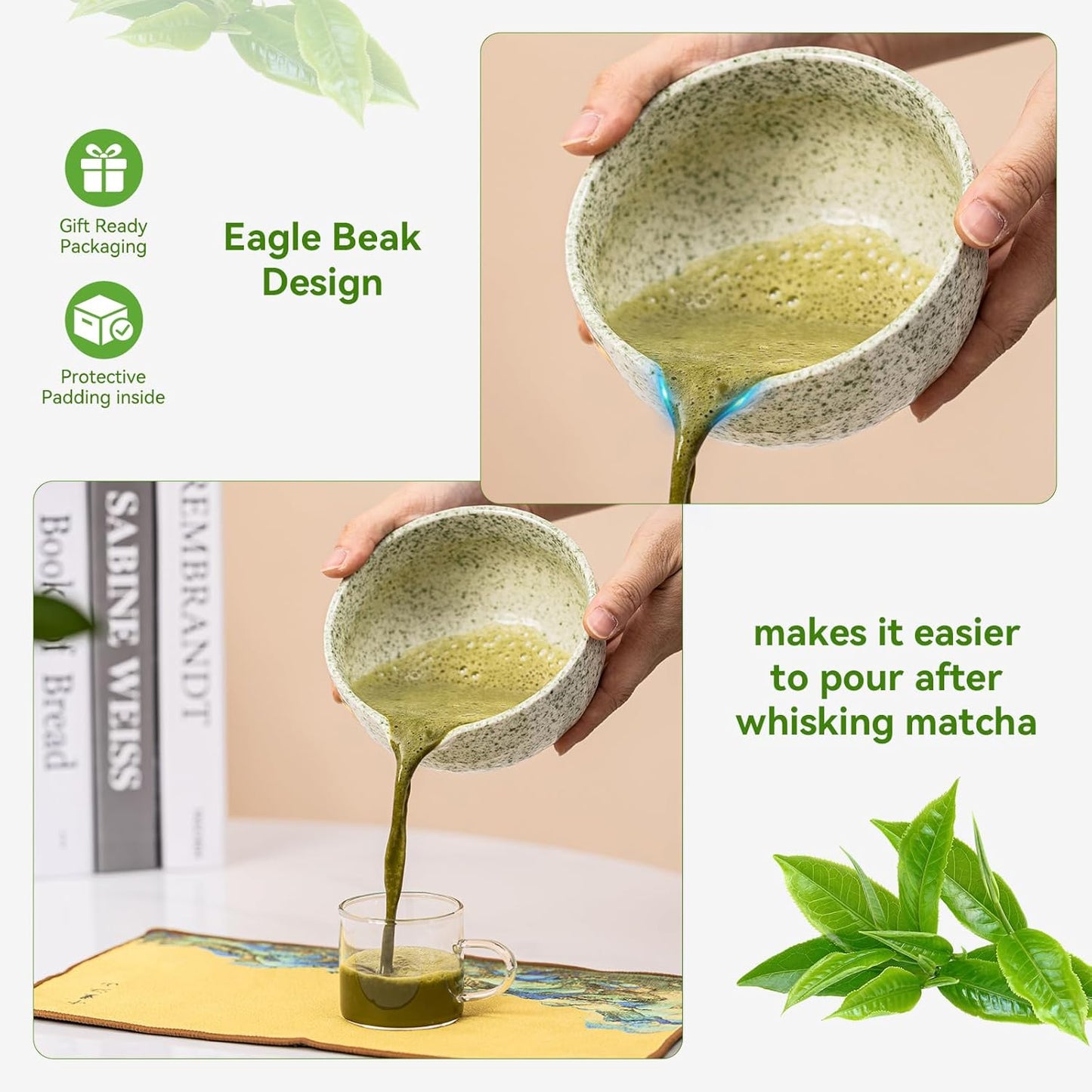 Japanese Matcha Whisk Set,Ceramic Matcha Set Includes Bowl with Spout,Matcha Sifter, Bamboo Whisk and Holder for Matchas Tea,2 Bamboo Scoop, Scoop Rest,Tea Towel -8 Pcs Kit Gift for Matcha Lovers