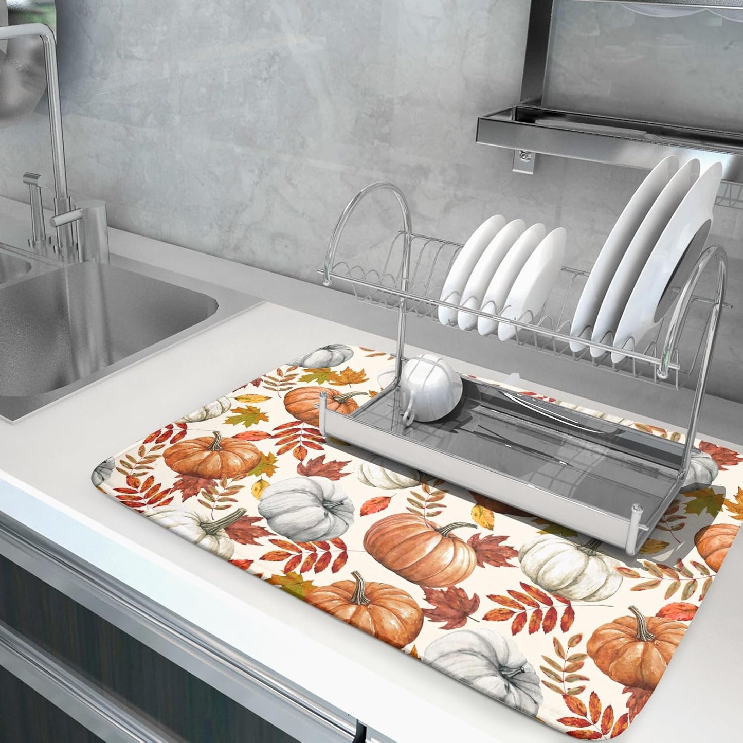 Fall Dish Drying Mat for Kitchen Counter 18x24 Inch Fall Pumpkin Kitchen Mat Thanksgiving Harvest Drying Mats Absorbent Reversible Dish Pad Autumn Maple Leaves Draining Mat for Countertop Protector
