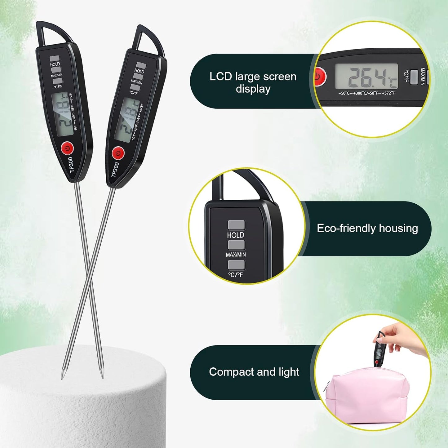 6 Set Waterproof Food Thermometer for Water, Liquid, Candle and Cooking Digital Meat Thermometer with Long Probe Instant Read for Kitchen BBQ Grill Candy (Black)