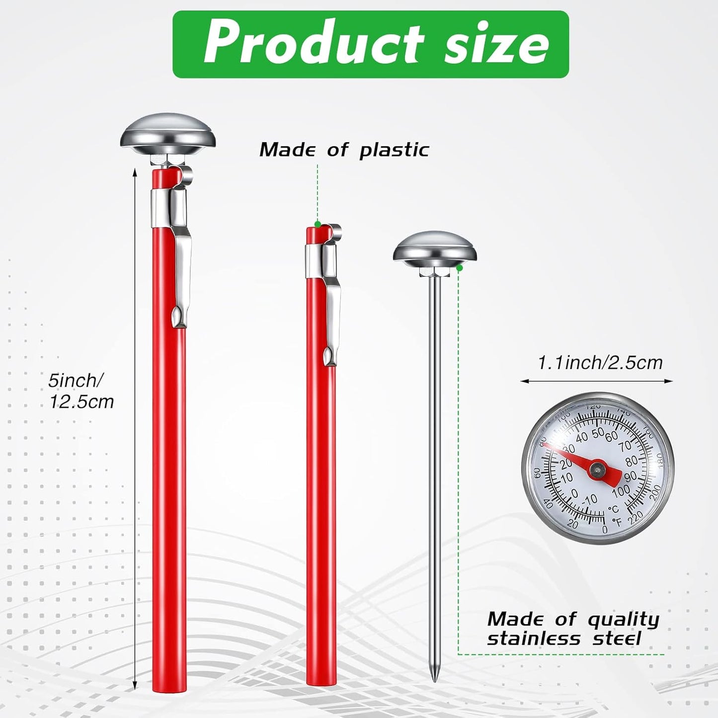 Xuhal 3 Pcs Stainless Steel Kitchen Thermometer with 5 Inch Long Stem 1 Inch Dial Thermometer Milk Frothing Food for Oven Probe Meat Grill BBQ Cooking Chocolate Water (Red,Black,White)