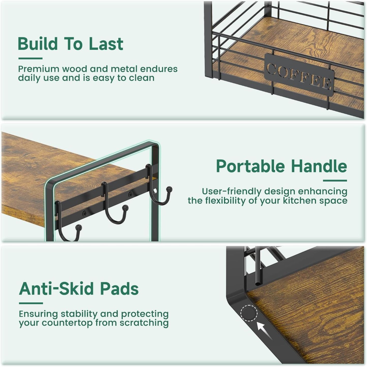 EsLuker.ly Coffee Bar Station Organizer Mug Cup Holder Stand for Countertop, Multi-Functional 2 Tier Mug Tree Rack for Kitchen, Storage Shelf with 12 Removable Hooks, Coffee Nook Enhancer