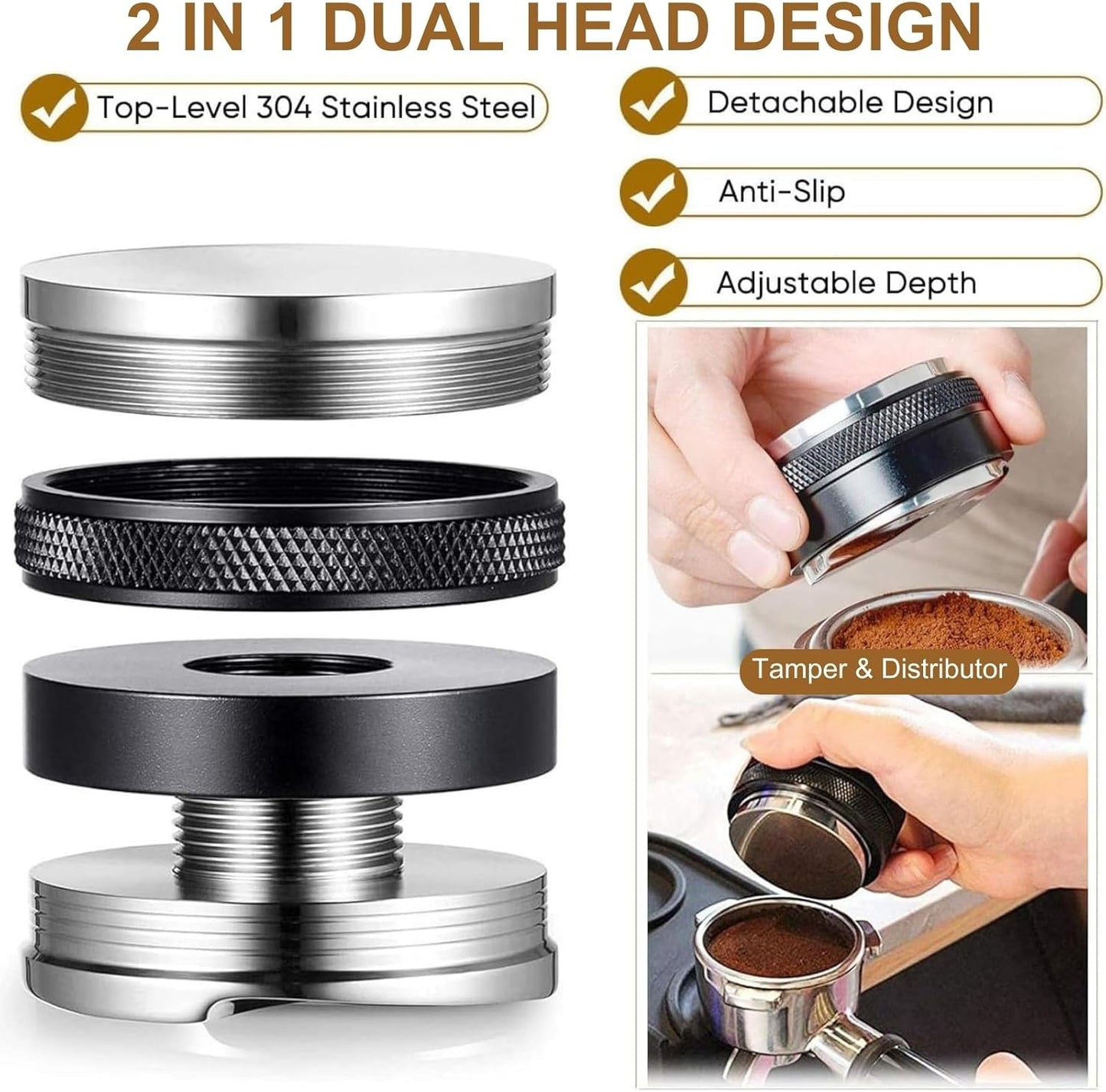 58mm Coffee Tamper and Distributor, Dual Head Coffee Leveler Fits for 58mm Portafilter, Adjustable Depth Espresso Hand Tampers, Professional Barista Espresso Distribution Tool