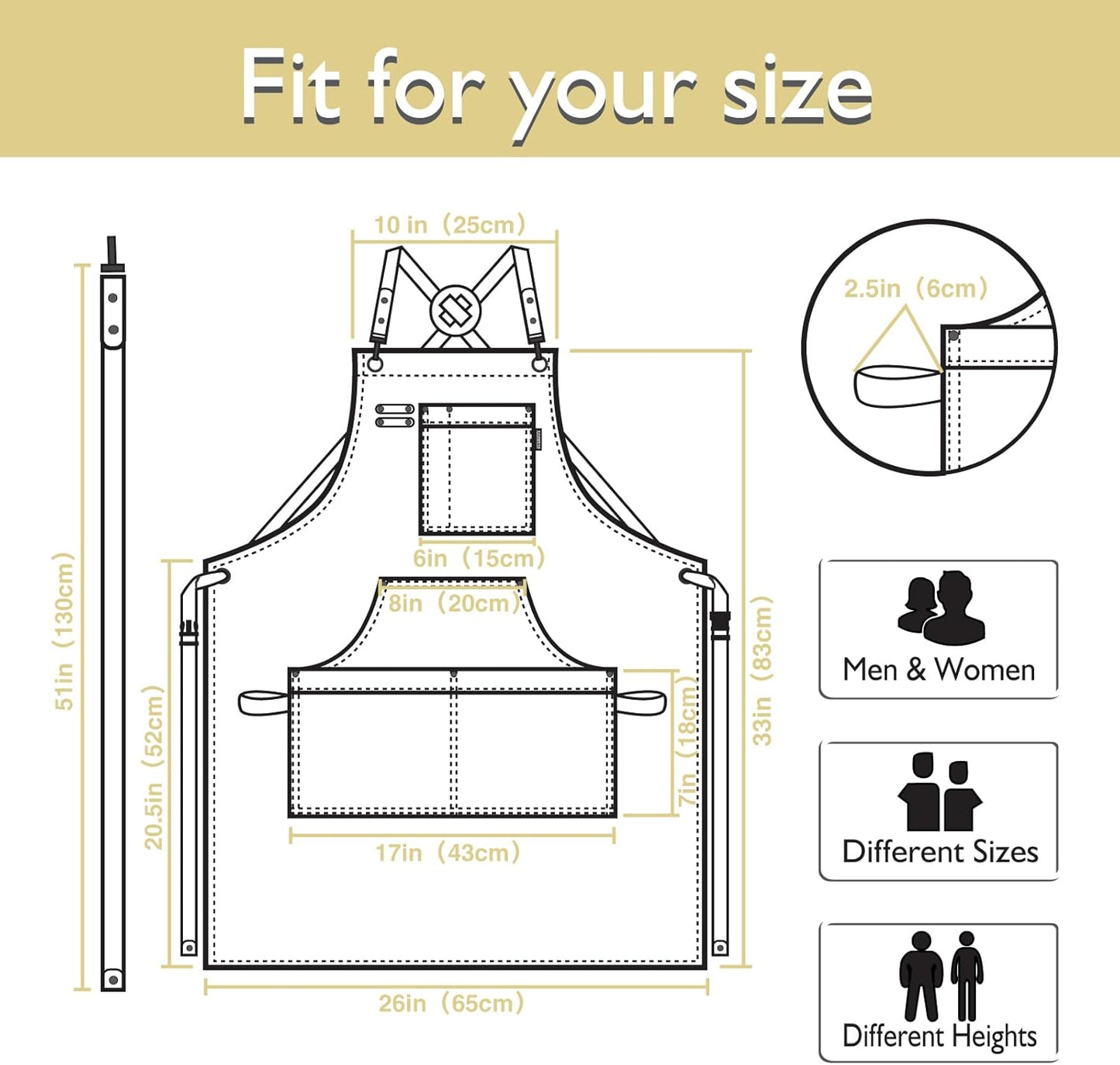 5 Pack Kitchen Apron, Work Apron, Canvas, Multiple Pockets, Gardening, Painting, BBQ, Artist, Carpenter, Sizes M to XXL, Amber