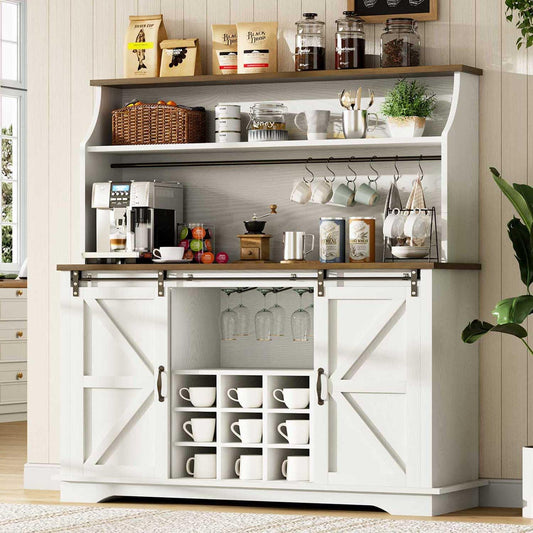 47 Inch Farmhouse Coffee Bar Cabinet with 3-Tier Storage, Kitchen Hutch with 9 Wine Racks & 3 Glass Holders, Coffee Bar with 6 Hooks, Wine Bar Cabinet for Dining Living Room, White