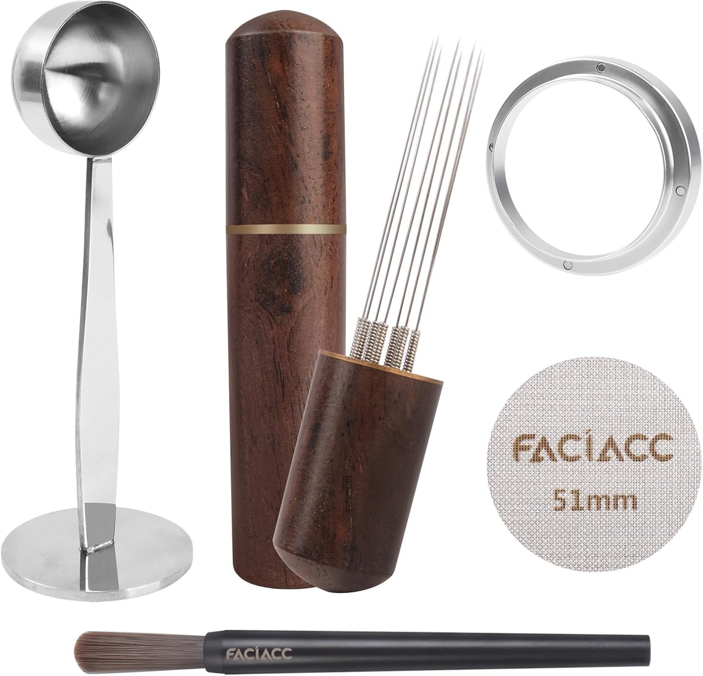 FACIACC 51mm Espresso Accessories Kit, Wdt Tool espresso, Dosing Funnel & Puck Screen Kit, 2 in 1 51mm Espresso Tamper & Coffee Spoon, Barista Kit, Espresso kit Stainless Steel 8pin Espresso Stirrer