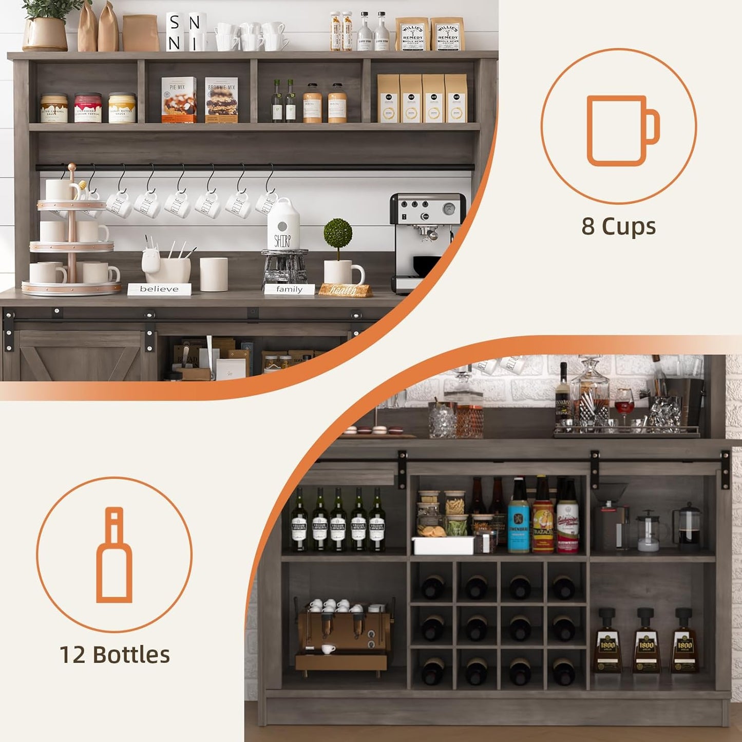 4ever2buy Farmhouse Coffee Bar Cabinet with 4 Storage Hutch, 55”Coffee Bar with Sliding Barn Doors, Hutch Cabinet with 12 Wine Racks & 8 Hooks for Dining Room, Kitchen, Wash Grey