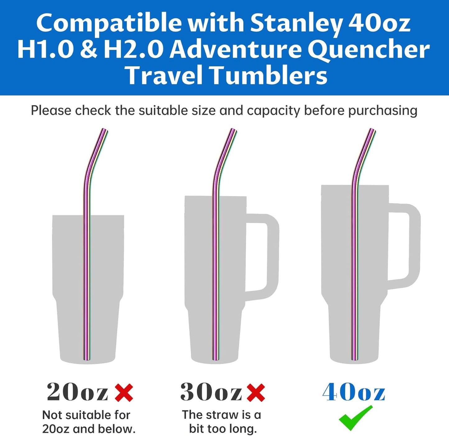 Tomorotec 8-Pack Bent Stainless Steel Straws for 40oz Stanley Tumblers, 12" Metal Straws for Stanley Cup with 1 Brush, Reusable Drinking Straws for Smoothies, Milkshakes, Dishwasher Safe (Iridescent)