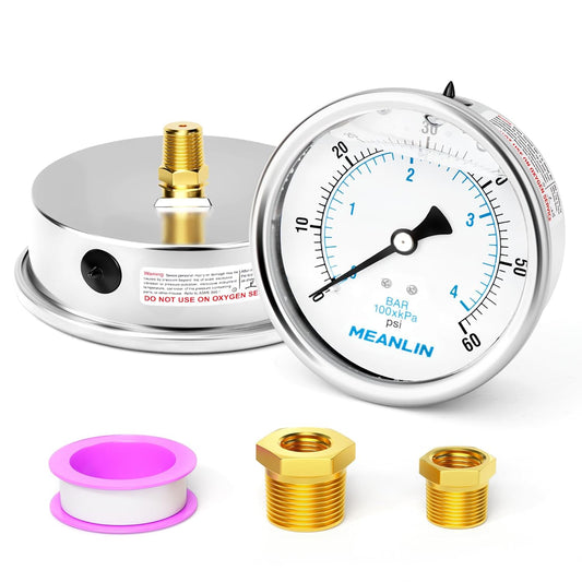 MEANLIN MEASURE 0~60Psi Stainless Steel 1/4" NPT 4" FACE DIAL Liquid Filled Pressure Gauge, Pool Sand Filter Water Pump Pressure Test Back Mount, with 1/4" x 1/2" NPT and 1/4" x 3/8" NPT Hex Bushing