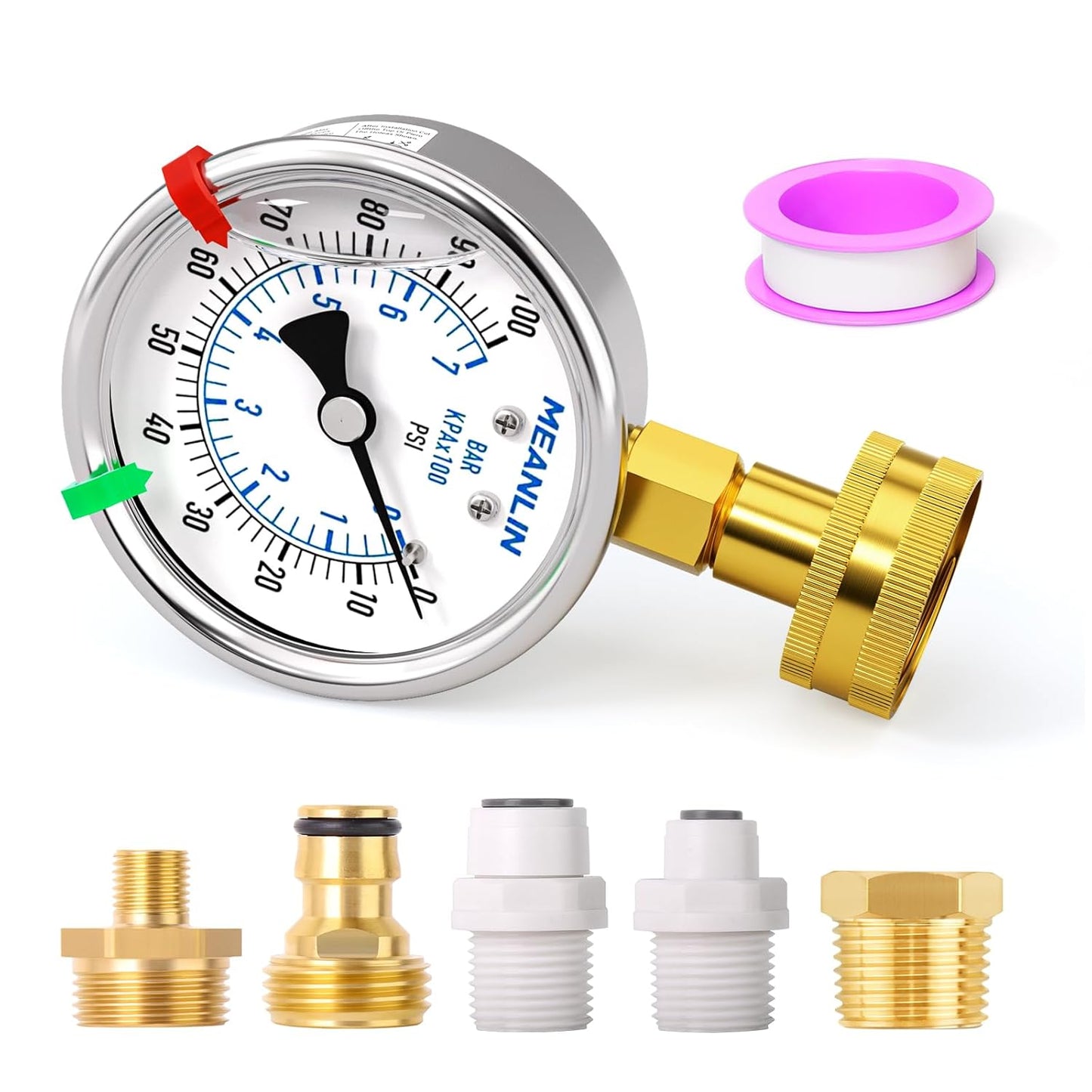 MEANLIN MEASURE 0~100Psi Stainless Steel Frame 3/4" Female Liquid Filled Pressure Gauge kit Plus 5 adapters, 2.5" FACE DIAL Multi-Purpose Pressure Gauge kit for Gardens, Water Pipes with 2PCS Snaps