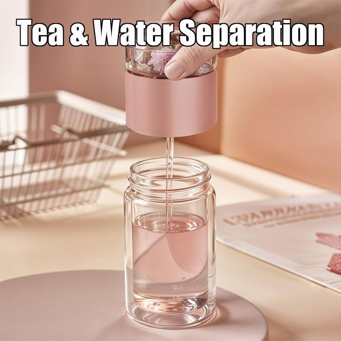 Tryteava Glass Infuser, Tryteava 3-in-1 Smart Tea Infuser, Portable Glass Double Wall Tea Infusers Bottle, with Stainless Steel Filter, Hot & Cold Brew, For Loose Leaf, Office Home (Gold, 420ml)