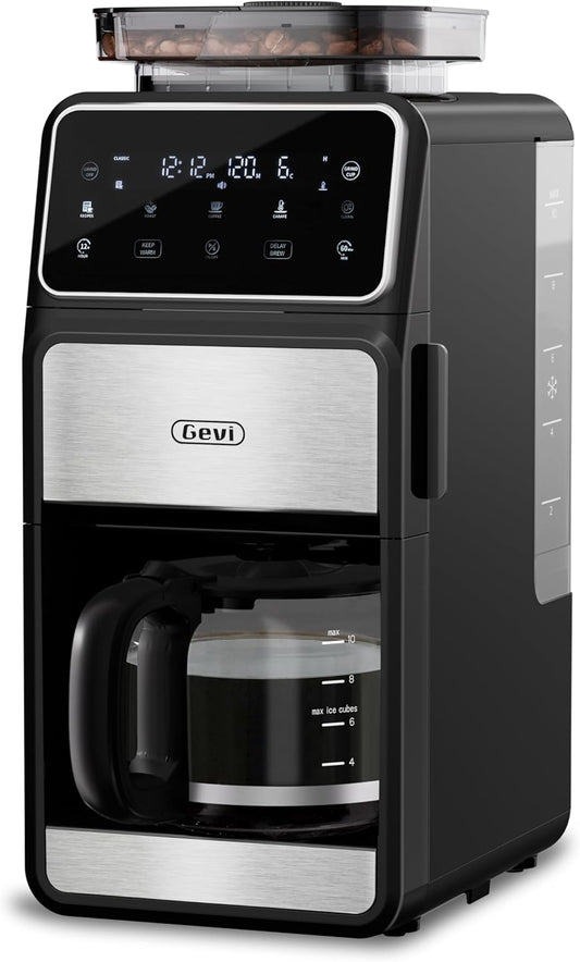 Gevi 10 Cup Drip Coffee Maker with Built-in Grinder, Grind ＆ Brew Burr Combo Coffee Machine with Touch Screen, Programmable, 4-Hour Warm Plate, Permanent Filter, Coffee Carafe