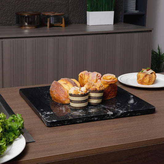 Marble Cutting Board For Kitchen, Pastry Board, Black Marble Slab Gift With Non-Slip Feets, 16x16 Inch, Pack Of 1 Piece