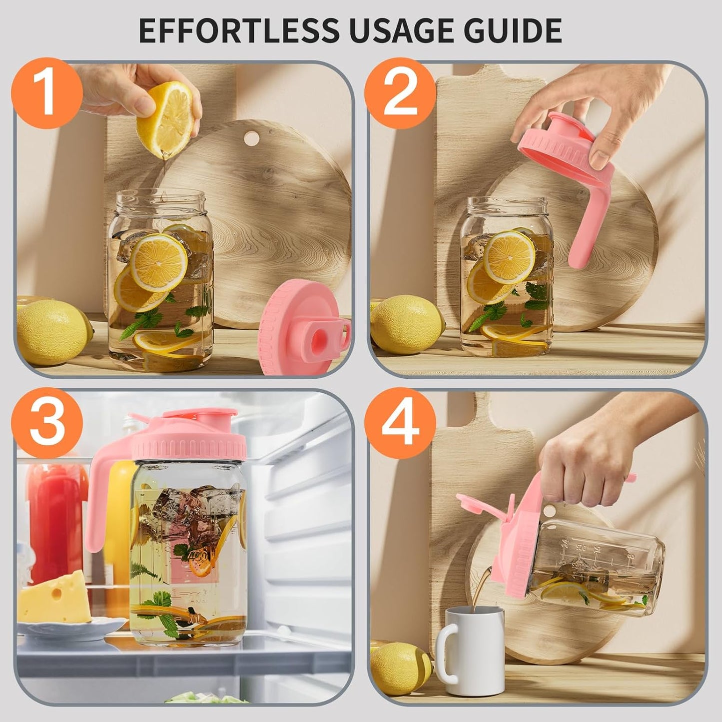 32oz Glass Pitcher with Lid &Pour Spout - 1 Quart Breastmilk Pitcher Double Leak Proof, Creamer Container for Sun Tea, Juice, Cold Brew Coffee, Breastmilk Storage Container -Pink Lid